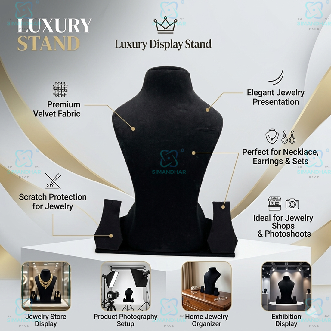 High-Quality Velvet Jewellery Display Bust for Chain, Pendant & Choker