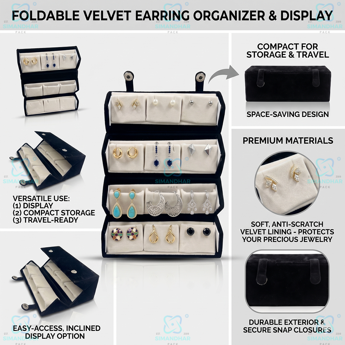 Black Velvet Earring Box with 12 Slots – Jewelry Storage Organizer Case
