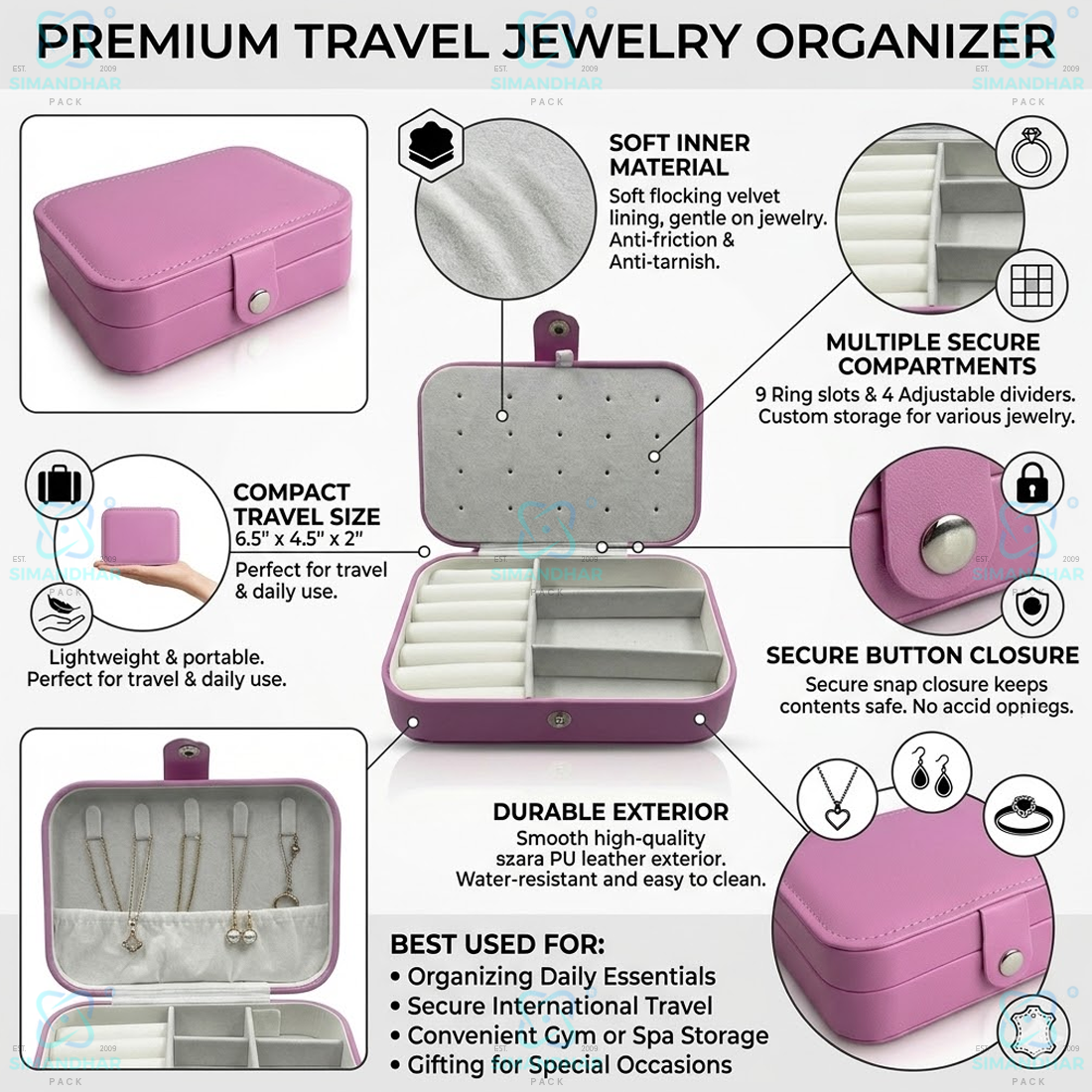 Jewellery Organizer Case for Rings, Earrings, Necklaces & Bracelets