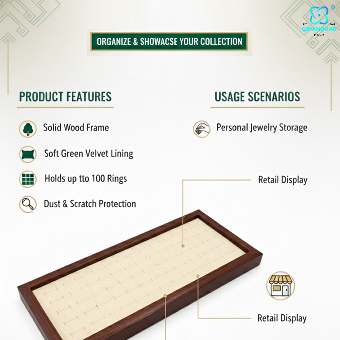 Premium Wooden Velvet Ring Tray for Jewellery Display & Storage