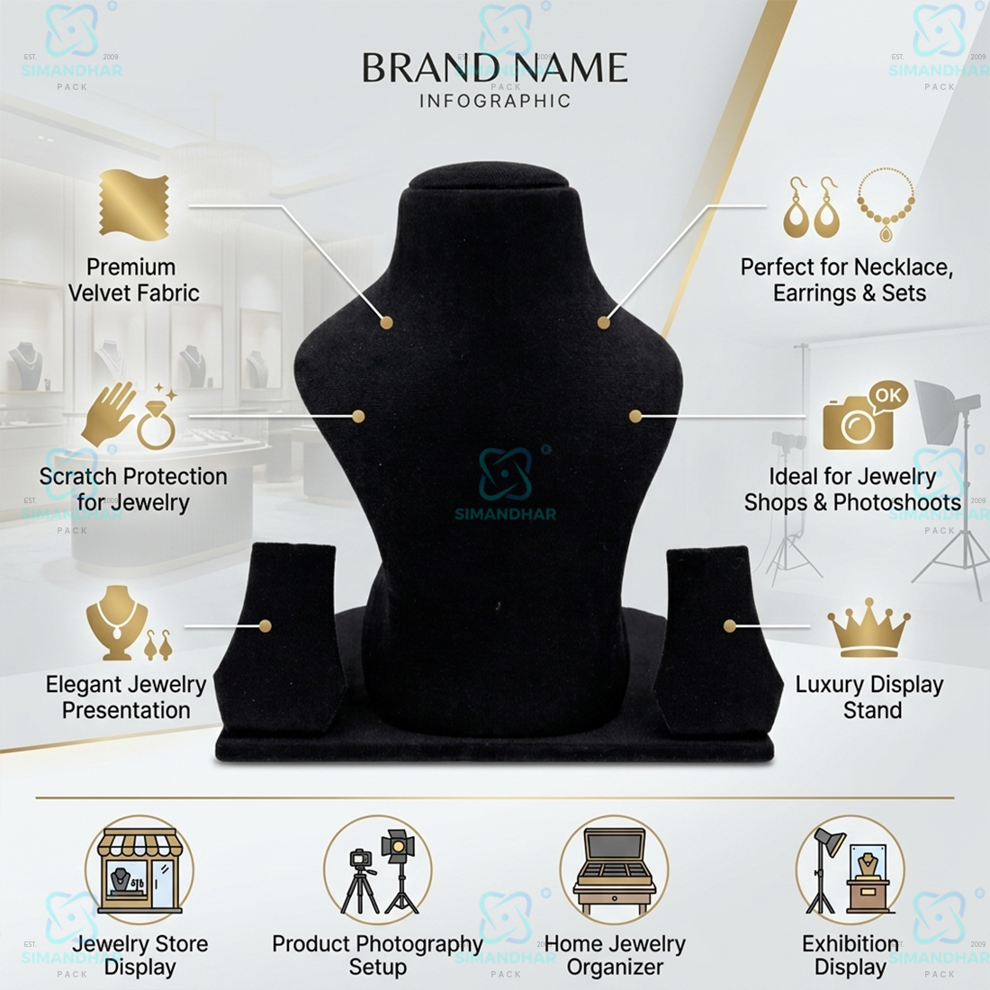 Premium Velvet Jewellery Display Bust Stand for Necklace & Pendant – Luxury Showcase Statue
