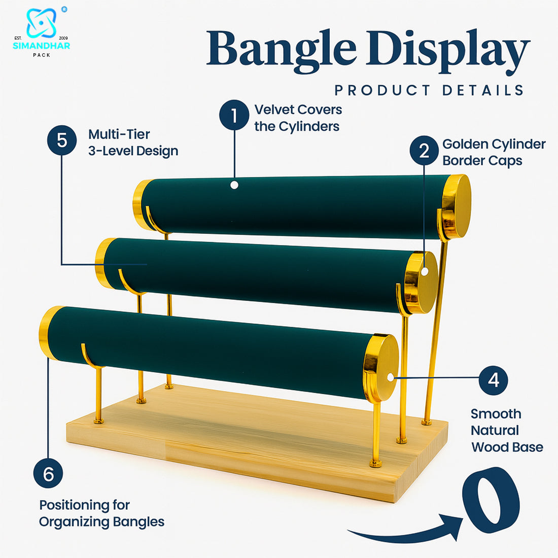Wooden Velvet Bangles Display Stand – 3 Roll Jewellery Organizer for Bracelets & Bangles