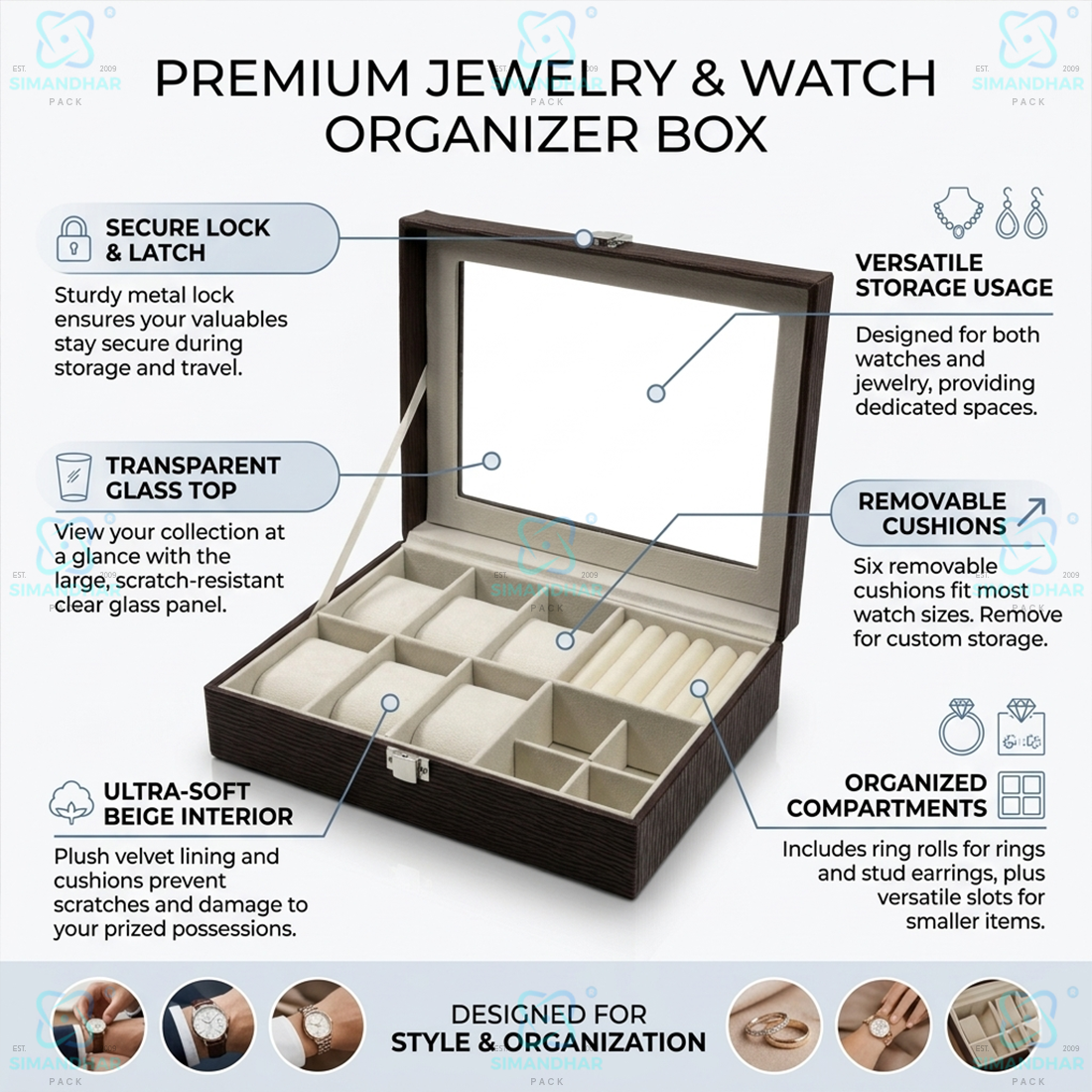 Premium Velvet Watch Storage Box with 8 Compartments & Jewellery Organizer