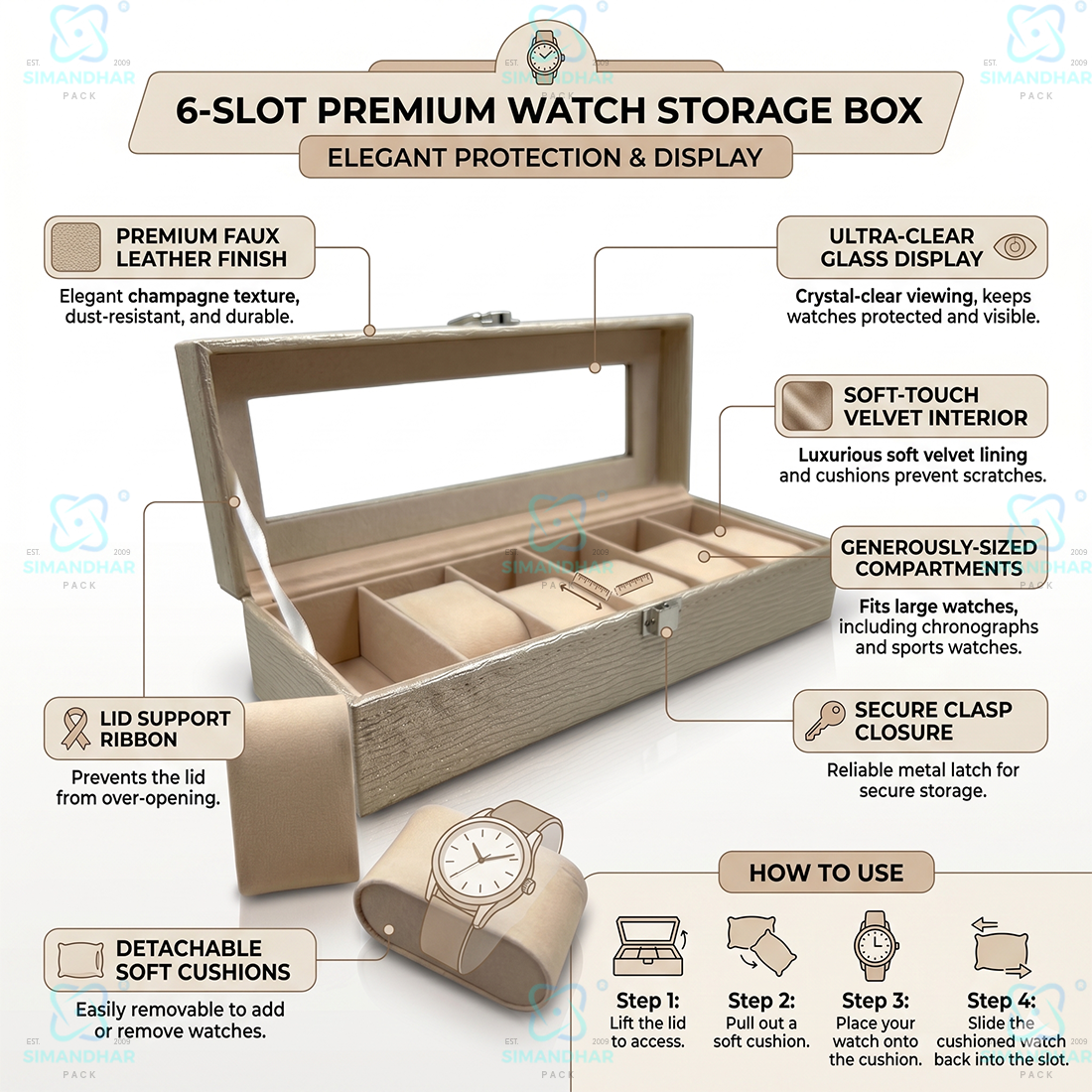 Portable 6 Slot Watch Collection Box for Watches & Bracelets
