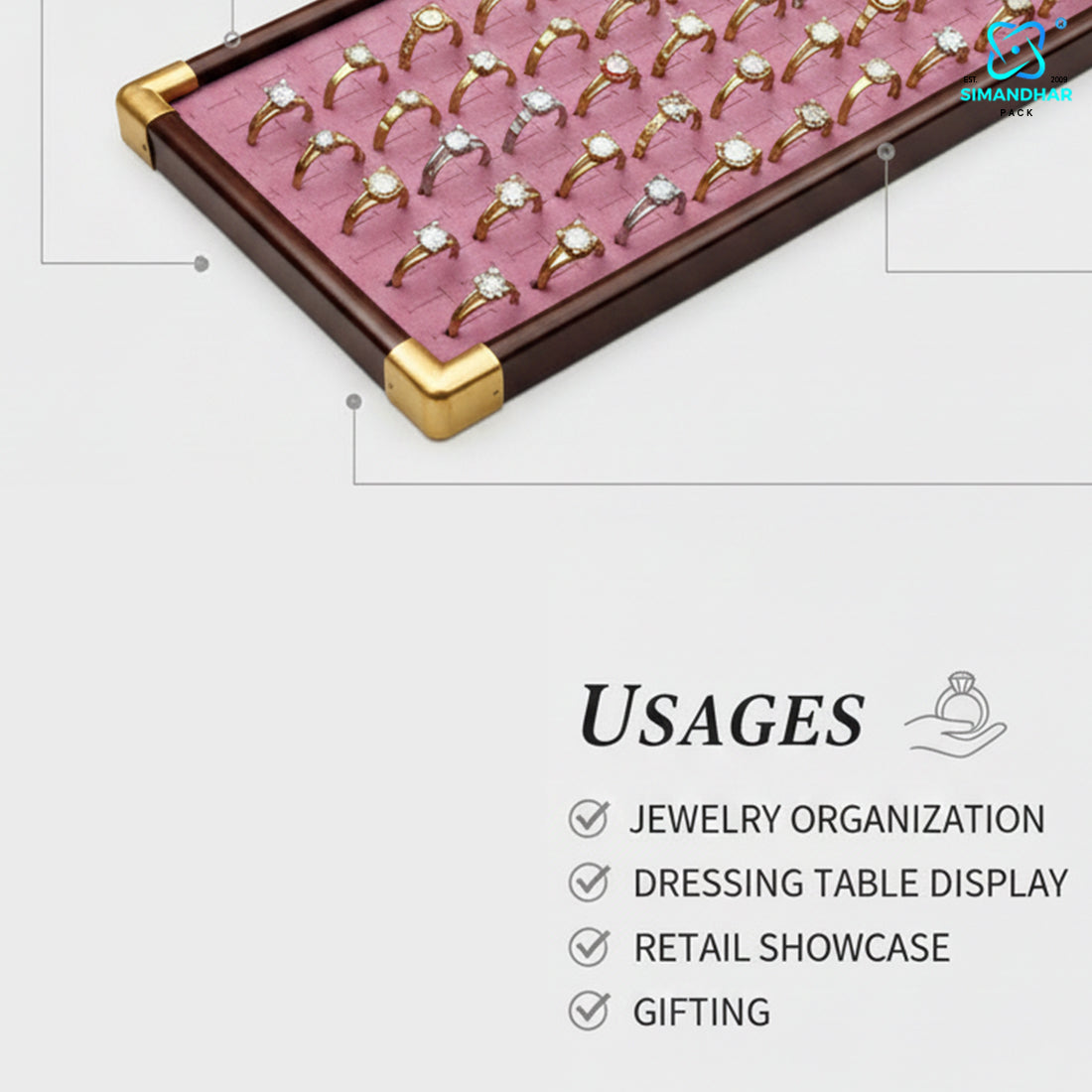 Fancy Velvet Rings Wooden Display Tray for Jewellery