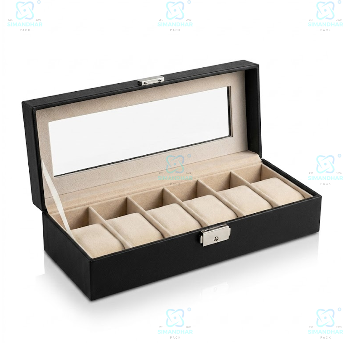 Premium 6 Compartments Velvet Watch Storage Box with Leather Finish