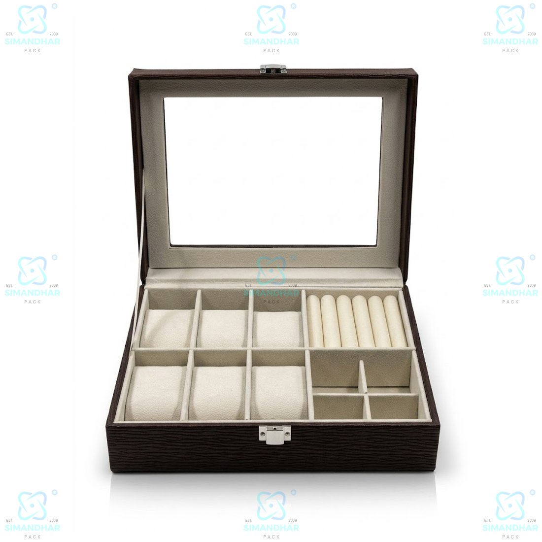 Premium Velvet Watch Storage Box with 8 Compartments & Jewellery Organizer