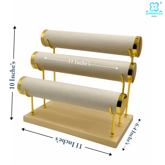 Wooden Velvet Bangles Display Stand – 3 Roll Jewellery Organizer for Bracelets & Bangles