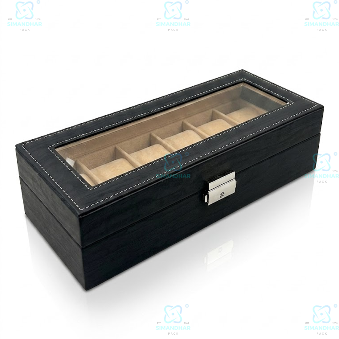 Premium 6 Compartments Velvet Watch Storage Box with Leather Finish