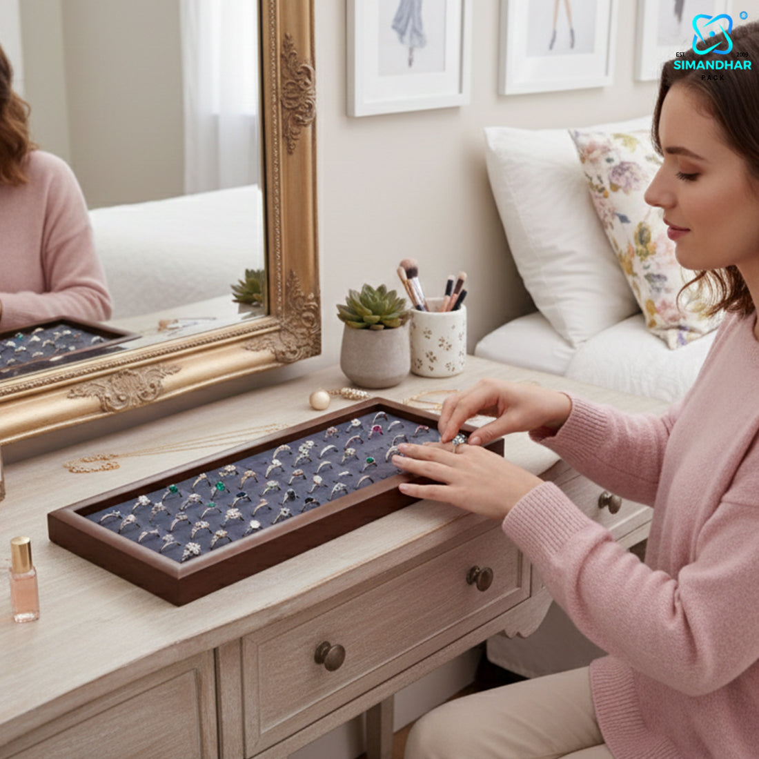 Premium Wooden Velvet Ring Tray for Jewellery Display & Storage