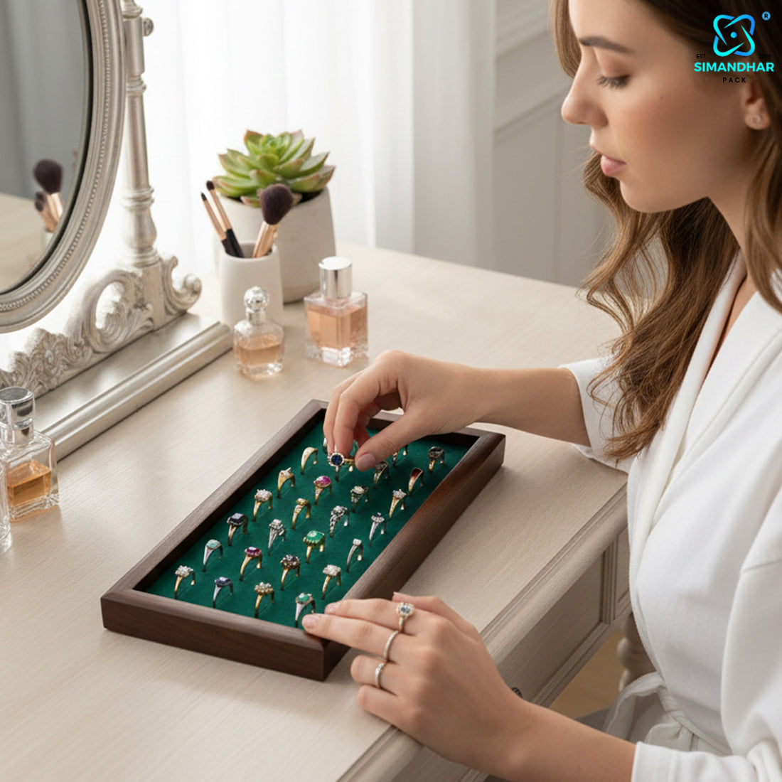 Premium Wooden Velvet Ring Tray for Jewellery Display & Storage