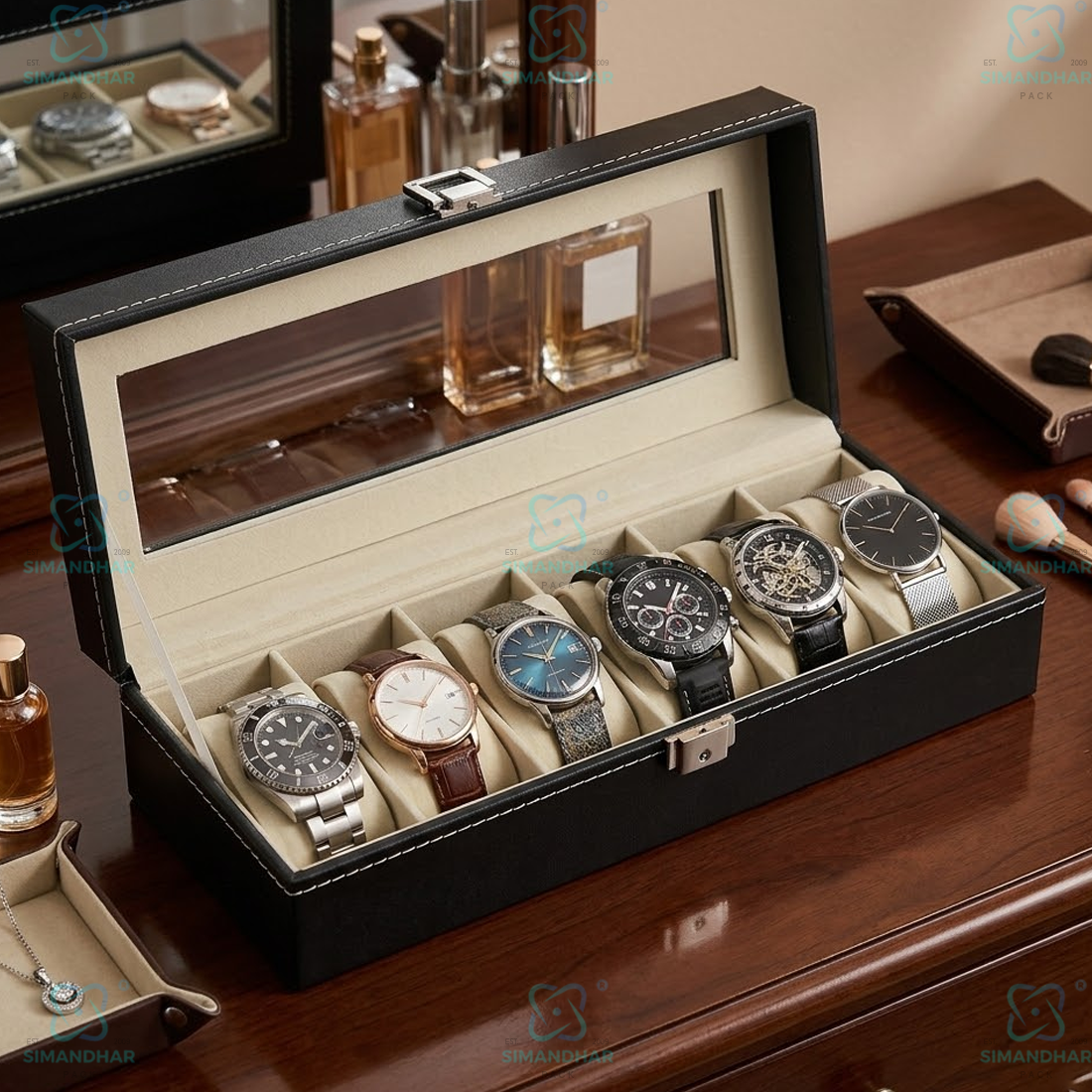 6 Grid Velvet Watch Box Organizer with Soft Cushion & Glass Lid