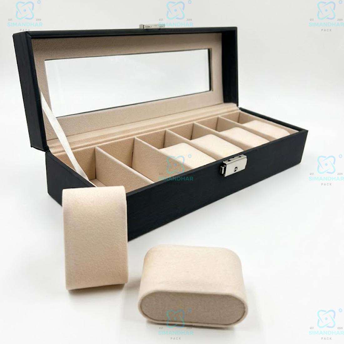 Premium 6 Compartments Velvet Watch Storage Box with Leather Finish