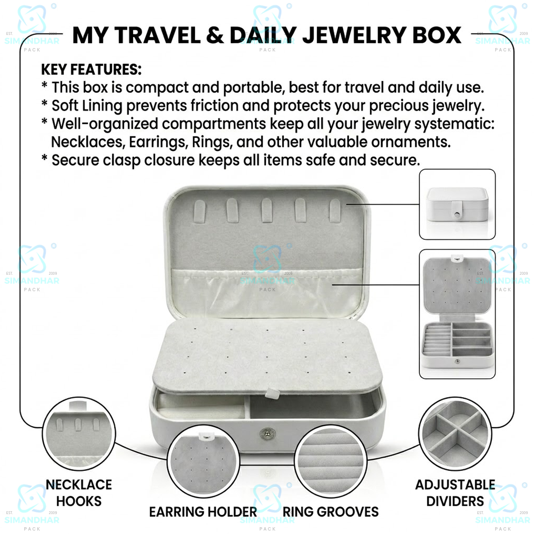 Jewellery Organizer Case for Rings, Earrings, Necklaces & Bracelets
