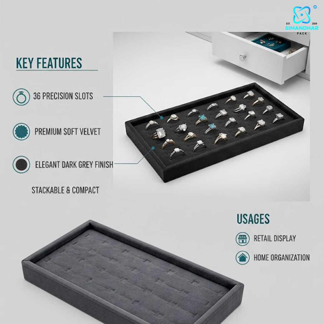 Soft Velvet Ring Storage Tray for Jewellery Organization