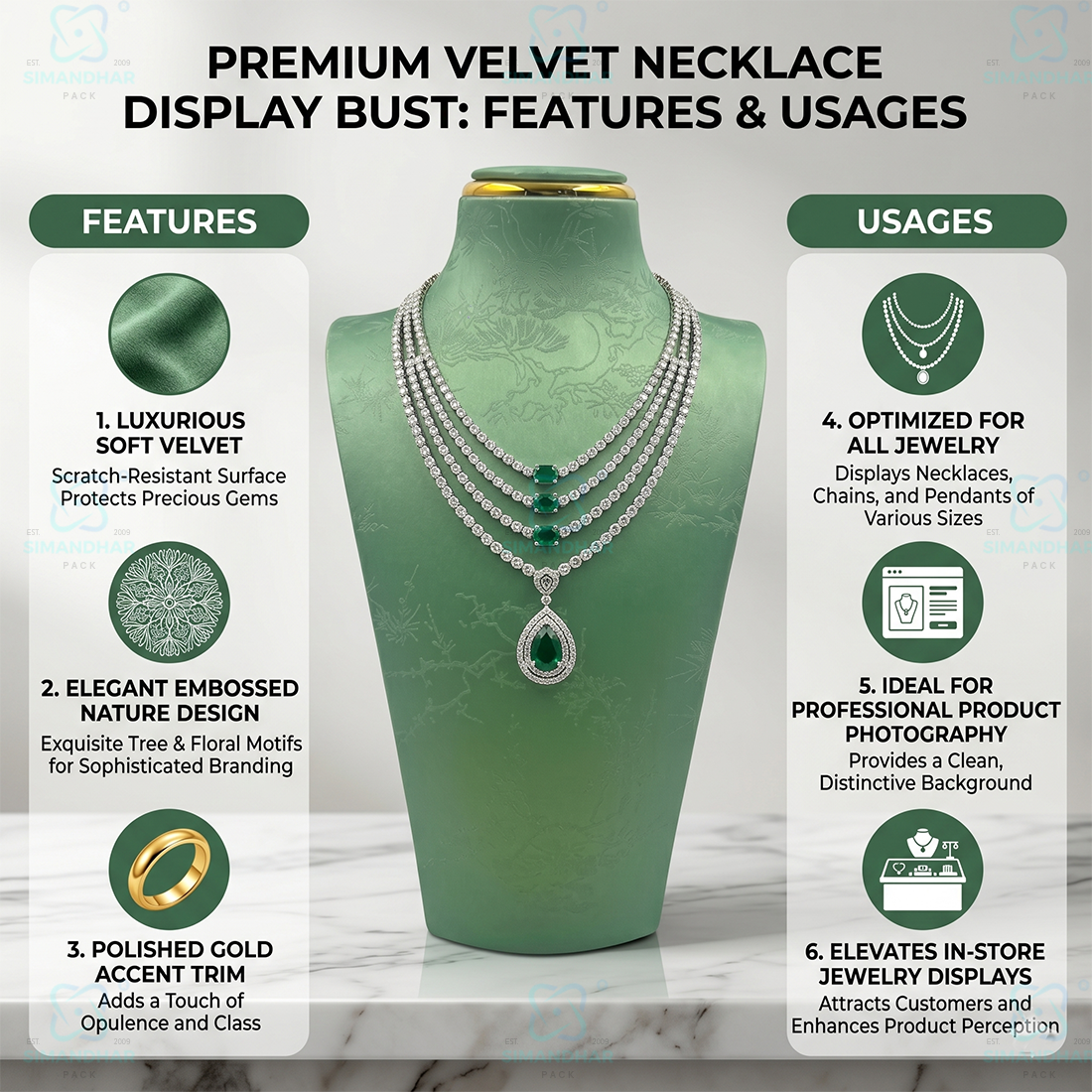 Luxury Leather Velvet Jewellery Bust Stand – Light Green Display Statue