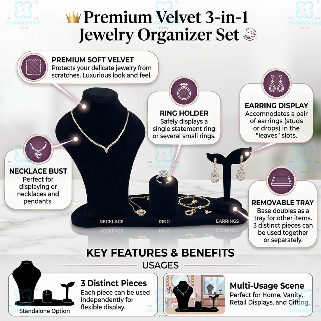 Multipurpose Velvet Leather Jewellery Combo Set | Premium Display for Ring Earring