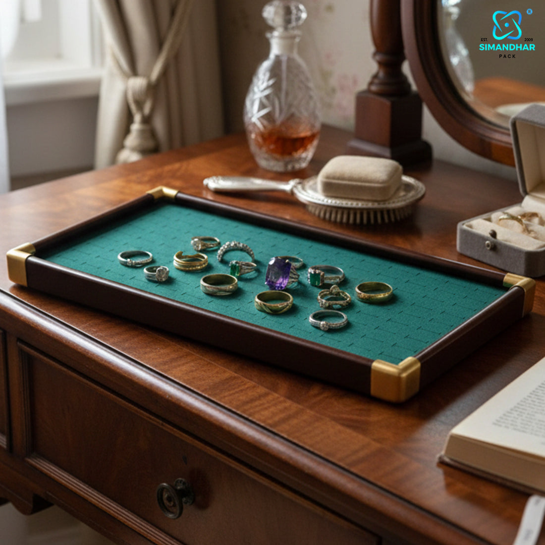 Fancy Velvet Rings Wooden Display Tray for Jewellery