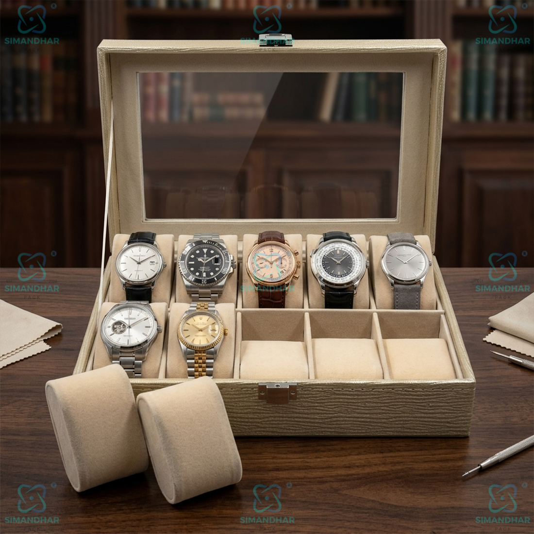 Premium Velvet Watch Storage Box with 8 Compartments & Jewellery Organizer