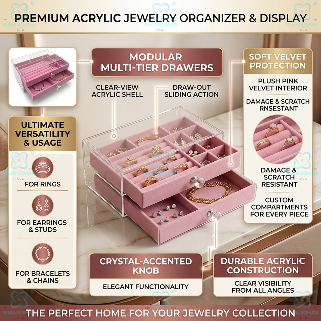 Premium 3 Tier Leather Jewellery Organizer Box with Drawer Storage for Rings, Earrings & Necklaces