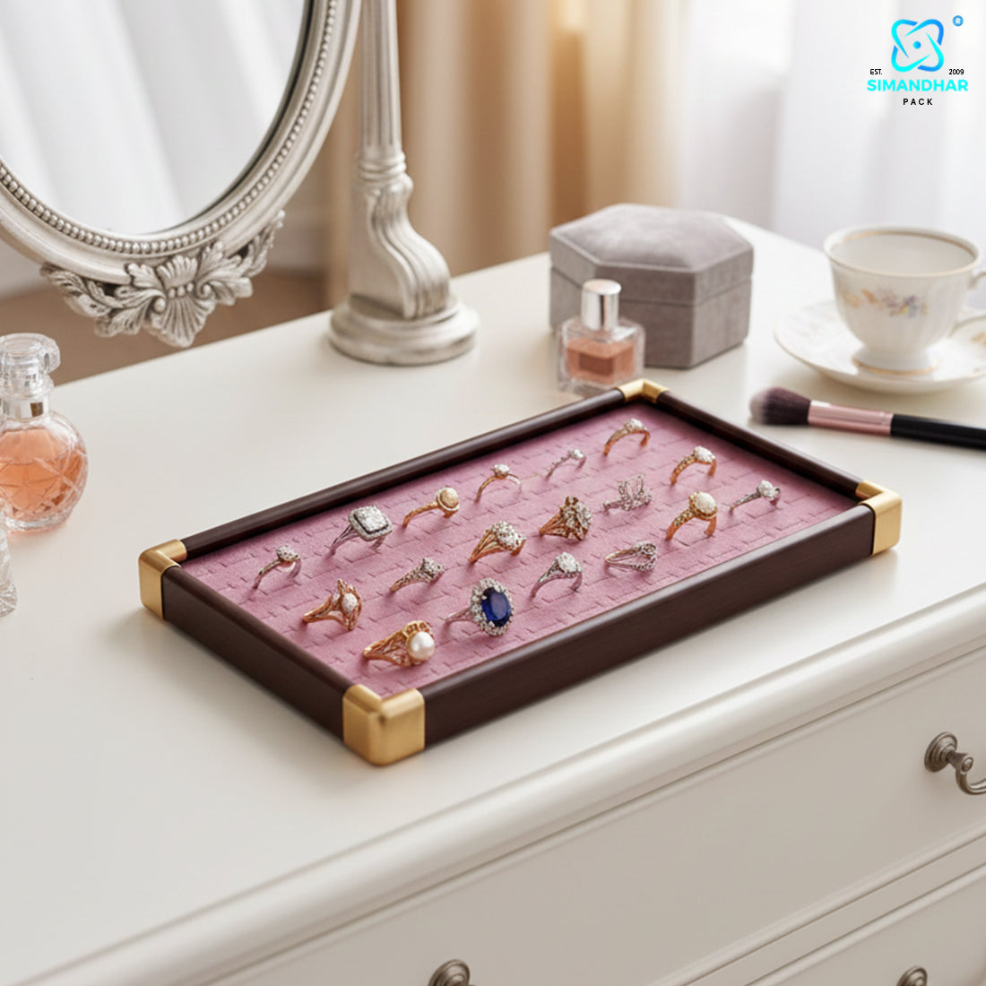 Fancy Velvet Rings Wooden Display Tray for Jewellery