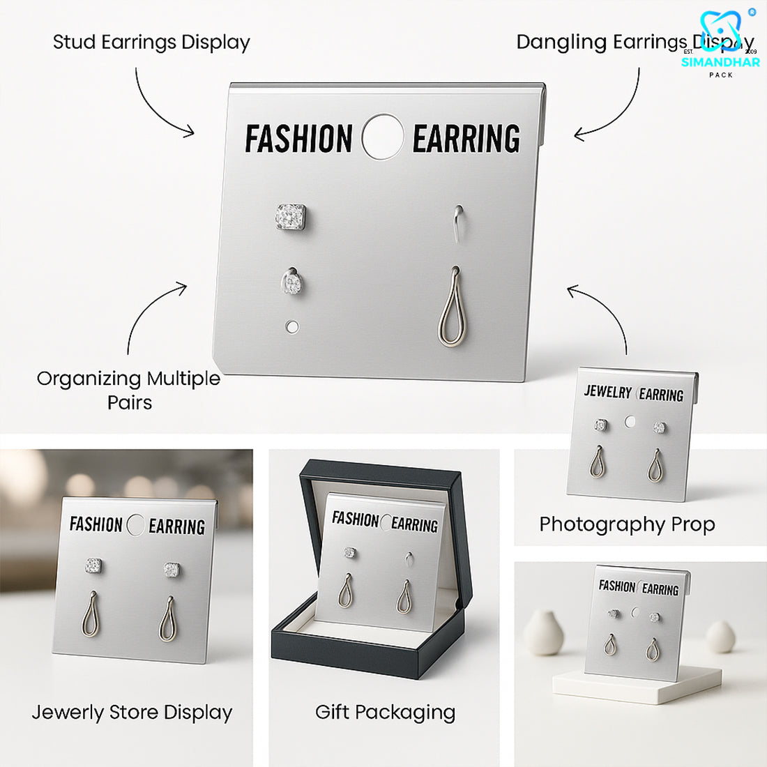 Earring Display Cards Silver Finish – Ideal for Studs, Hoops & Dangling Earrings