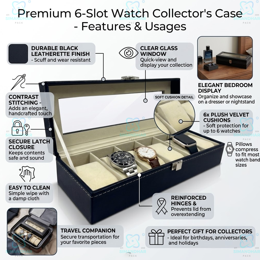 6 Grid Velvet Watch Box Organizer with Soft Cushion & Glass Lid