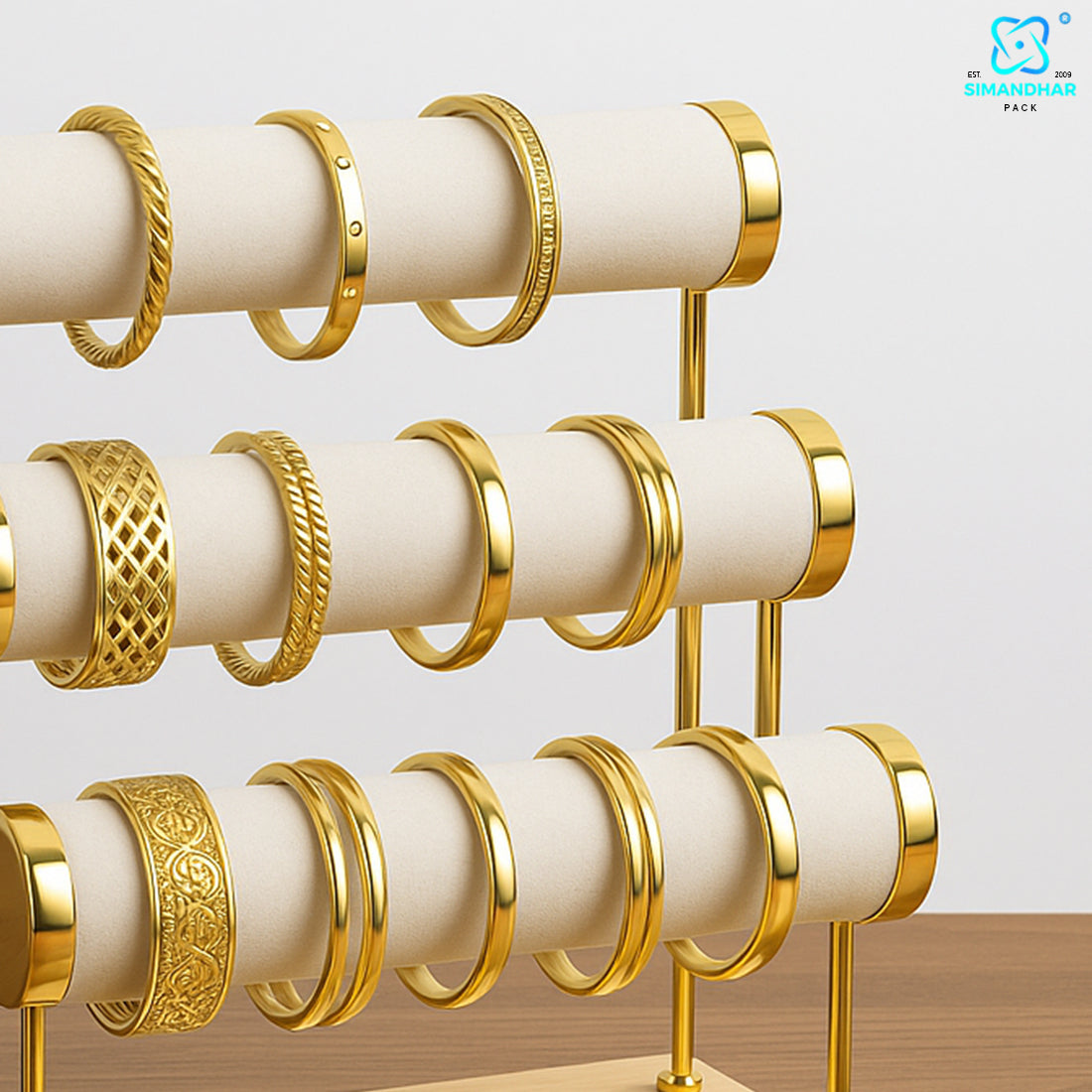 Wooden Velvet Bangles Display Stand – 3 Roll Jewellery Organizer for Bracelets & Bangles