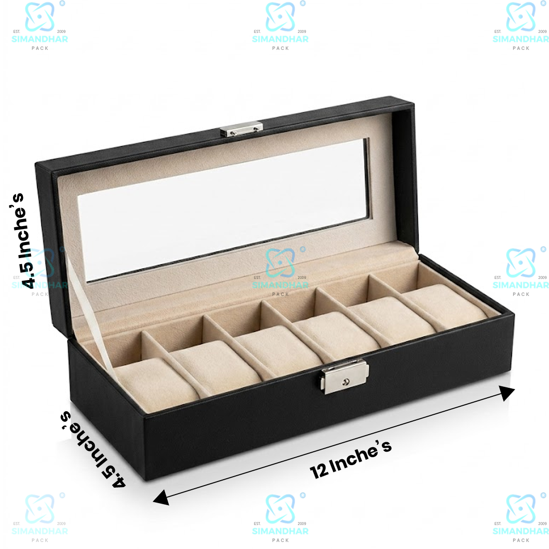 Premium 6 Compartments Velvet Watch Storage Box with Leather Finish