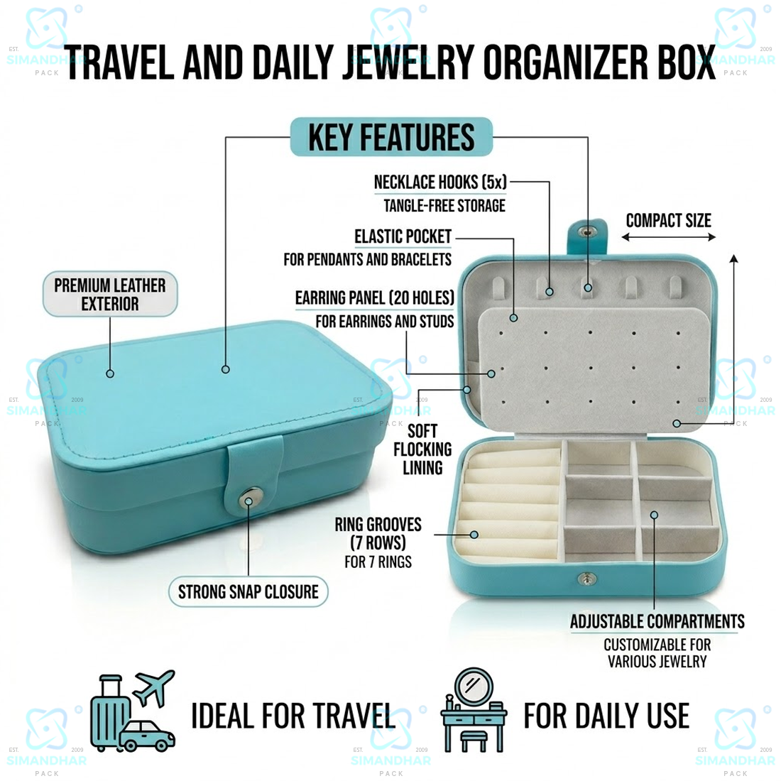 Jewellery Organizer Case for Rings, Earrings, Necklaces & Bracelets