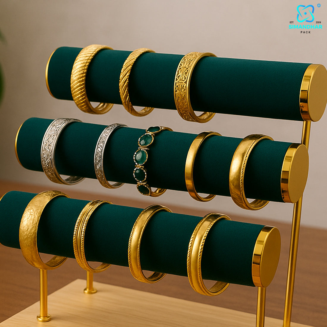 Wooden Velvet Bangles Display Stand – 3 Roll Jewellery Organizer for Bracelets & Bangles