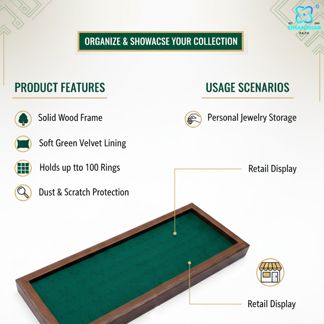 Premium Wooden Velvet Ring Tray for Jewellery Display & Storage