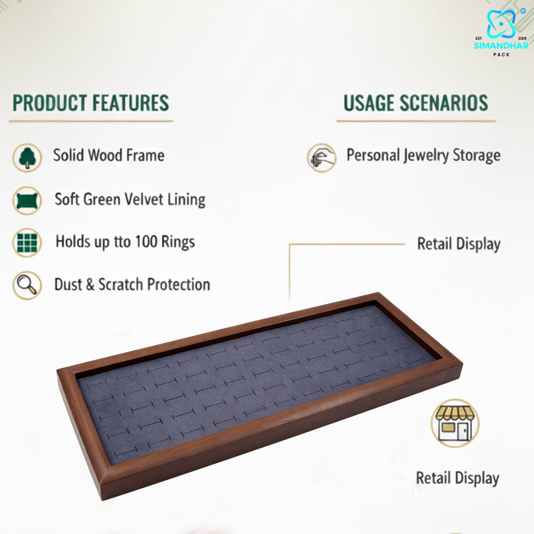 Premium Wooden Velvet Ring Tray for Jewellery Display & Storage