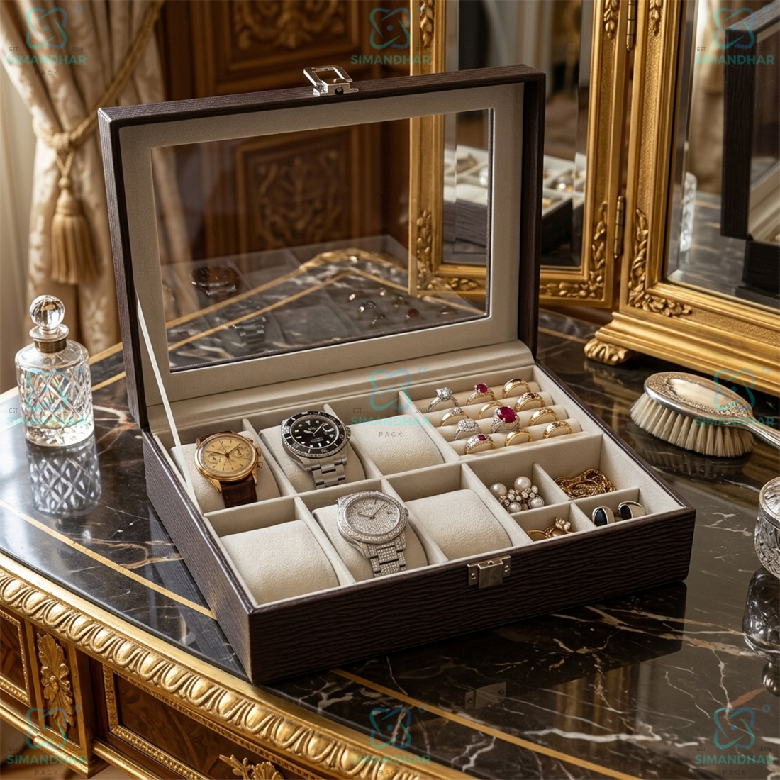 Premium Velvet Watch Storage Box with 8 Compartments & Jewellery Organizer