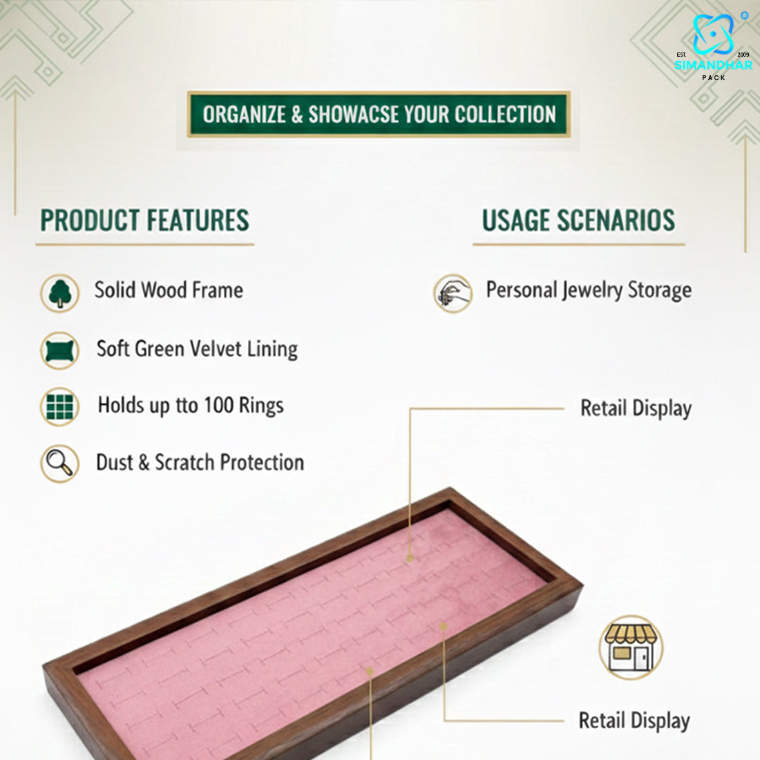 Premium Wooden Velvet Ring Tray for Jewellery Display & Storage