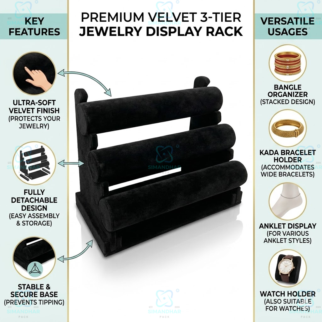 Designer Leather Velvet 3 Step Bangle Display Stand for Jewellery Shops