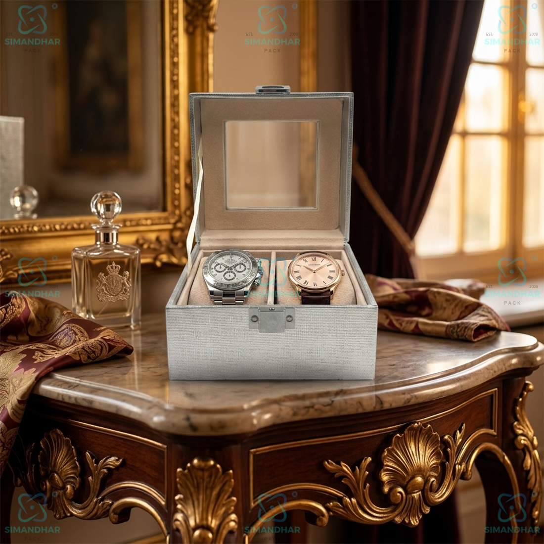 Premium Velvet Watch Storage Box with 2 Compartments – Leather Watch Display Case