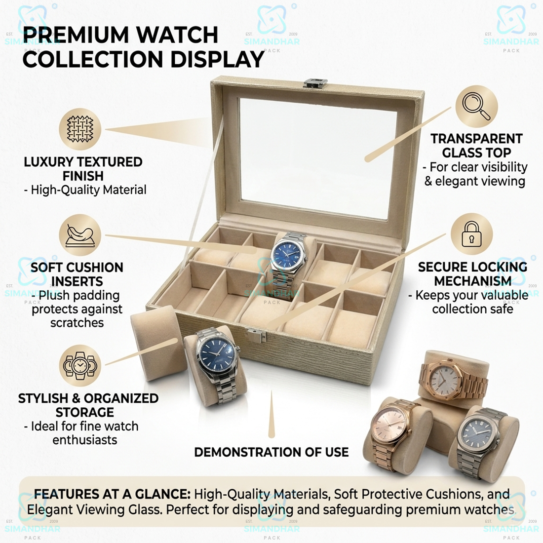Premium Velvet Watch Storage Box with 8 Compartments & Jewellery Organizer