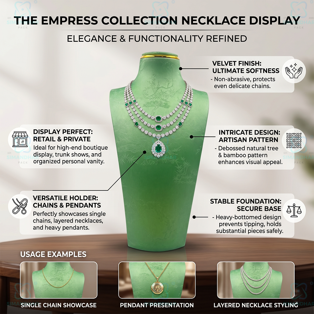 Luxury Leather Velvet Jewellery Bust Stand – Light Green Display Statue