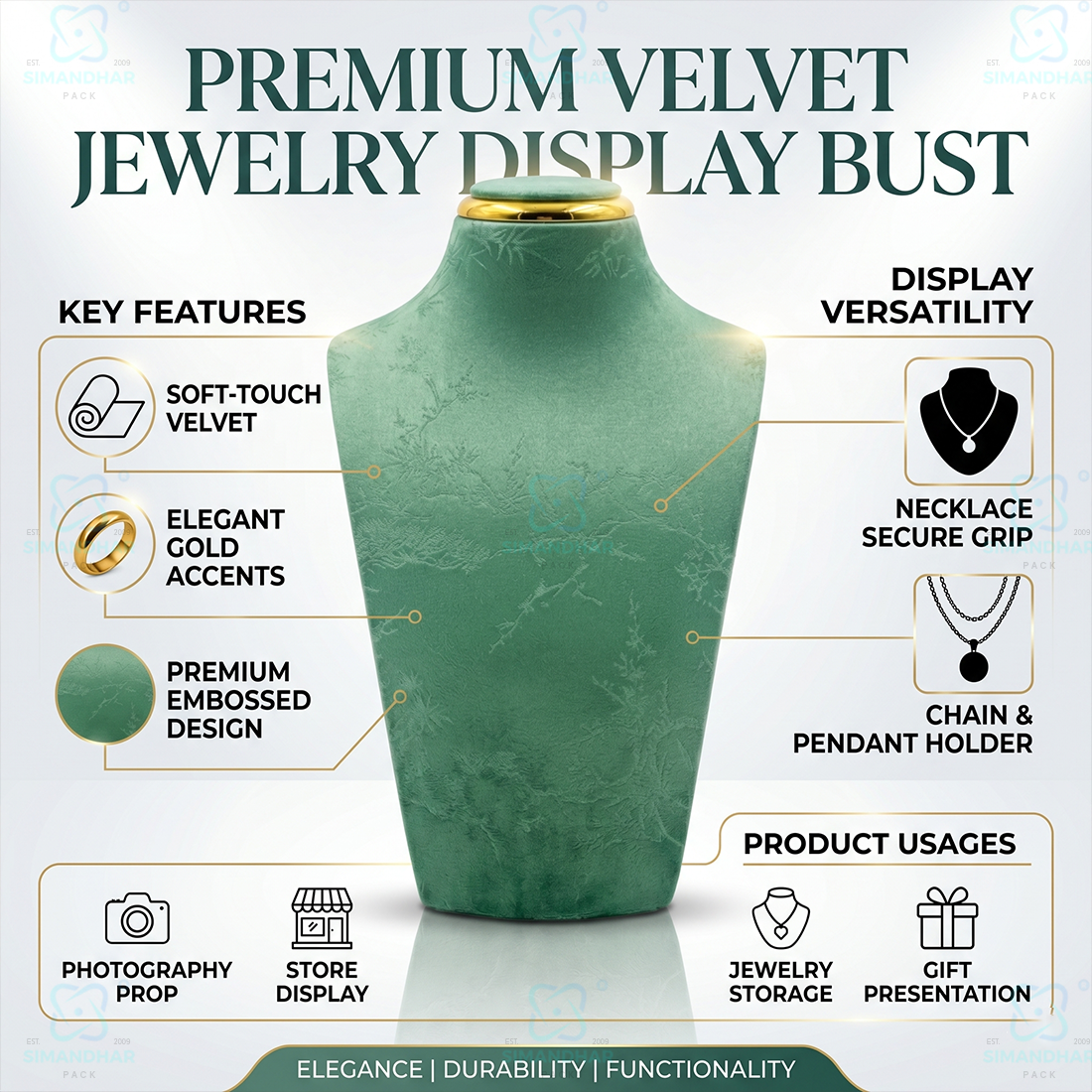 Luxury Leather Velvet Jewellery Bust Stand – Light Green Display Statue