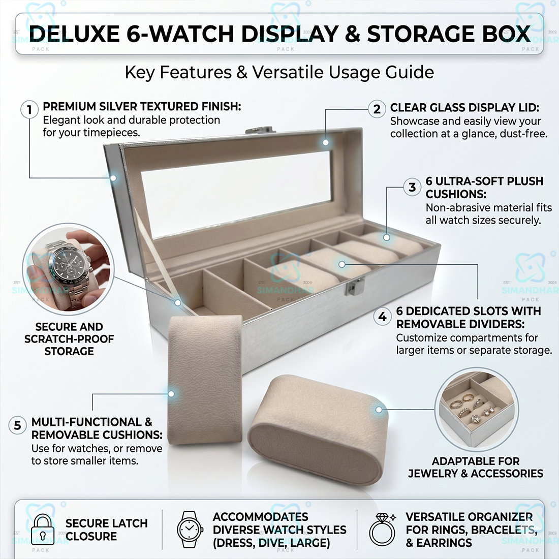 Premium PU Leather 6 Slot Watch Case for Safe Watch Storage