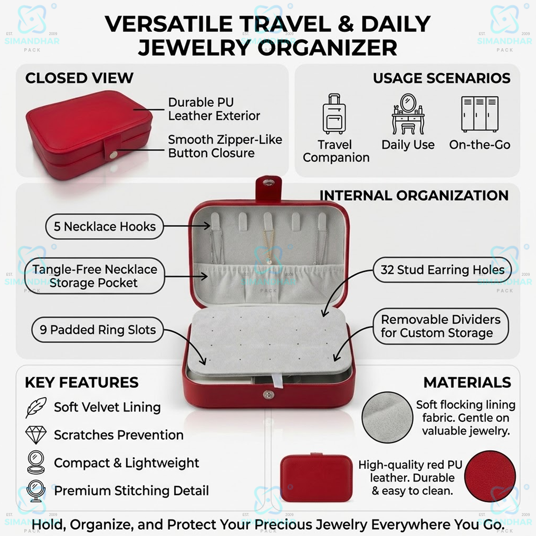 Jewellery Organizer Case for Rings, Earrings, Necklaces & Bracelets