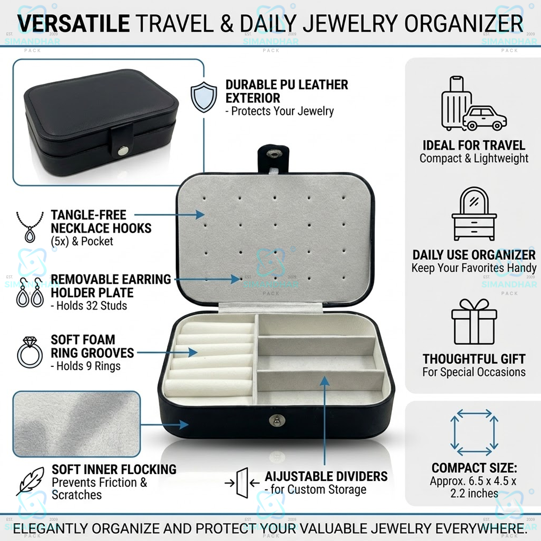 Jewellery Organizer Case for Rings, Earrings, Necklaces & Bracelets