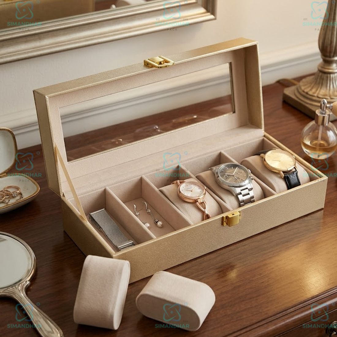 Luxury Velvet Interior Watch Organizer Box with 6 Watch Compartments