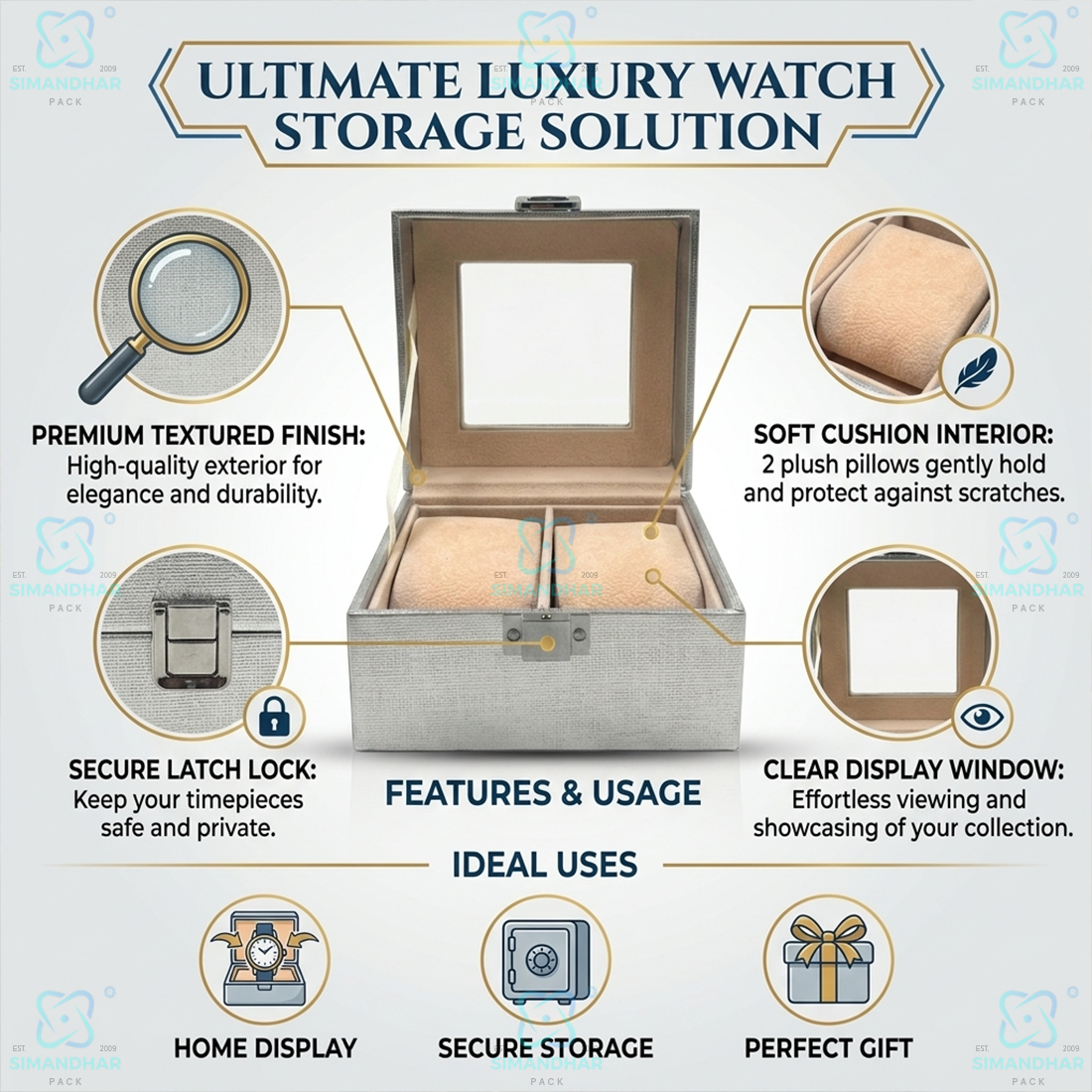 Premium Velvet Watch Storage Box with 2 Compartments – Leather Watch Display Case