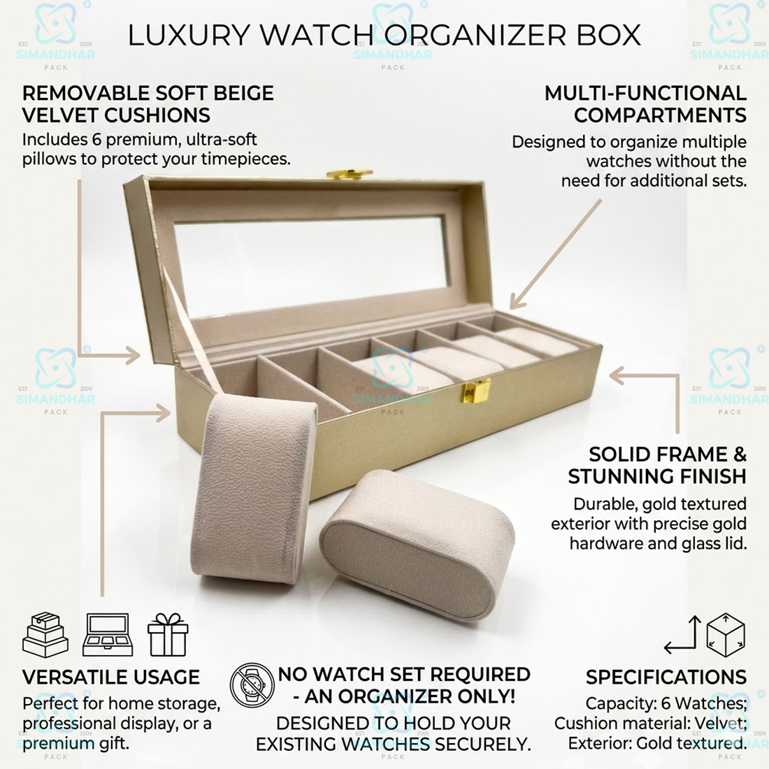 Luxury Velvet Interior Watch Organizer Box with 6 Watch Compartments