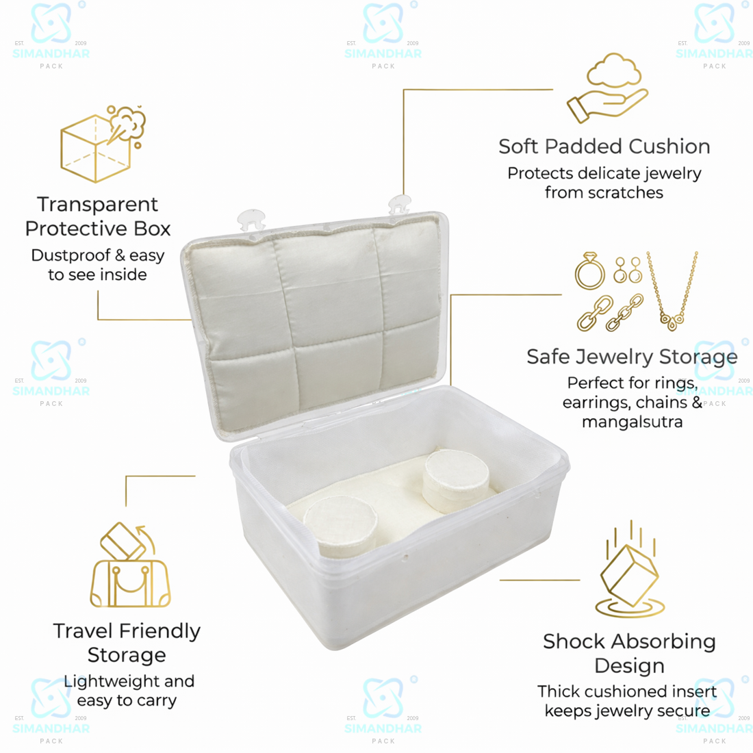Multipurpose Plastic Jewellery Box with White Cushion Cotton Padding for Rings, Chains & Earrings