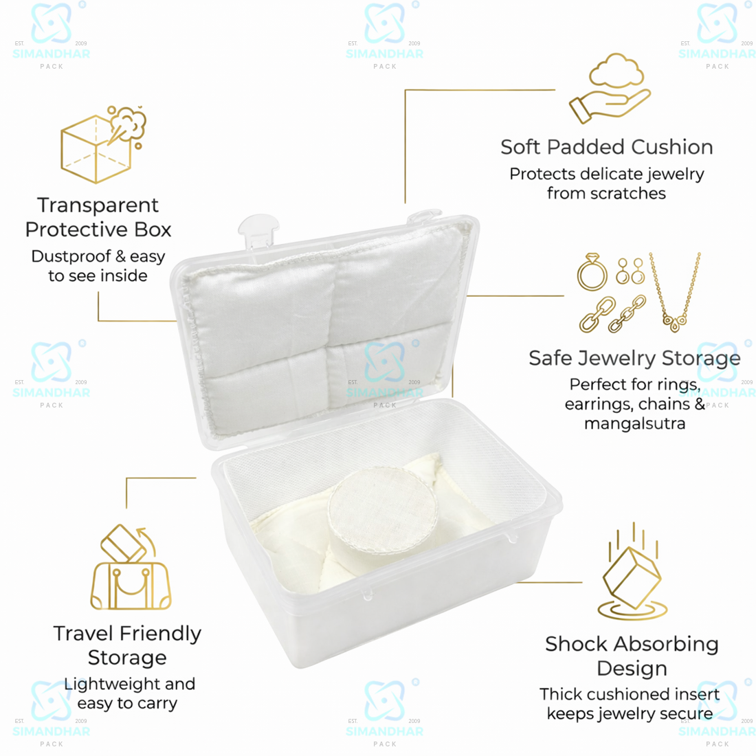 Durable Jewellery Plastic Storage Box with Soft White Cushion Cotton Lining for Protection