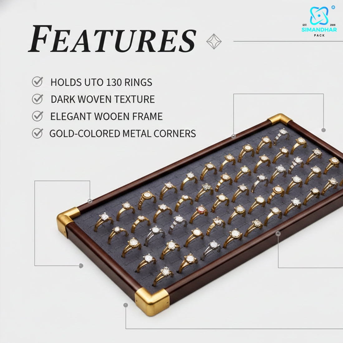Fancy Velvet Rings Wooden Display Tray for Jewellery