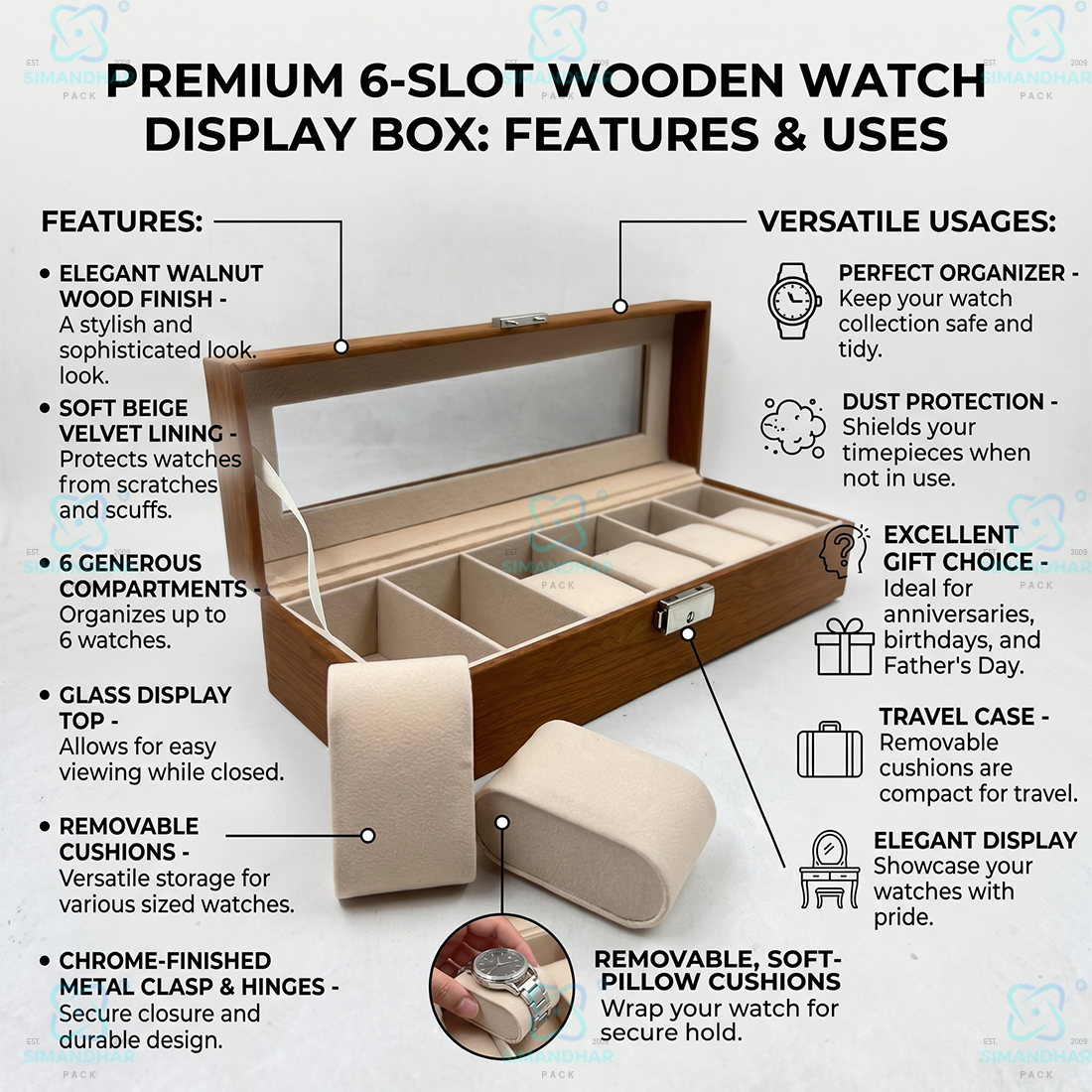 Luxury 6 Slot Velvet Leather Watch Box Organizer for Men & Women